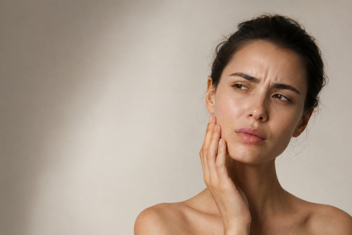 Model touching her cheek with a tight, uncomfortable expression.