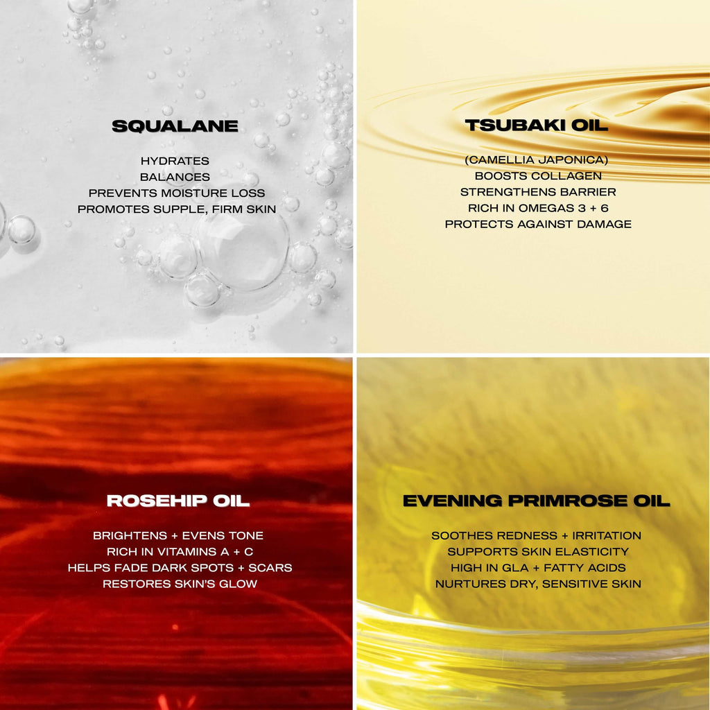 Four types of oils with their benefits displayed on a white background.