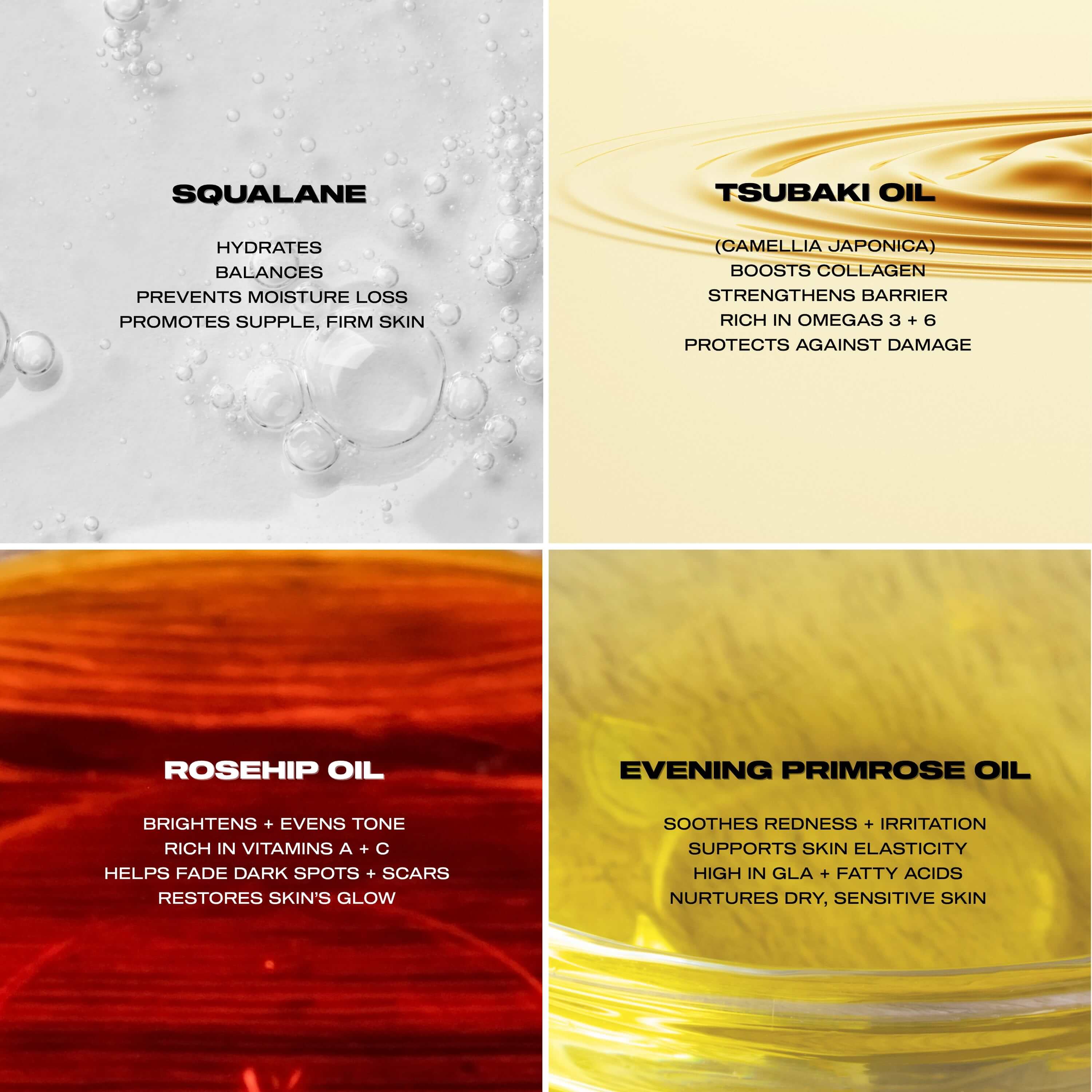 Four types of oils with their benefits displayed on a white background.