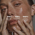 Woman applying skincare product with text indicating improvement in skin radiance, hydration, and plumpness.