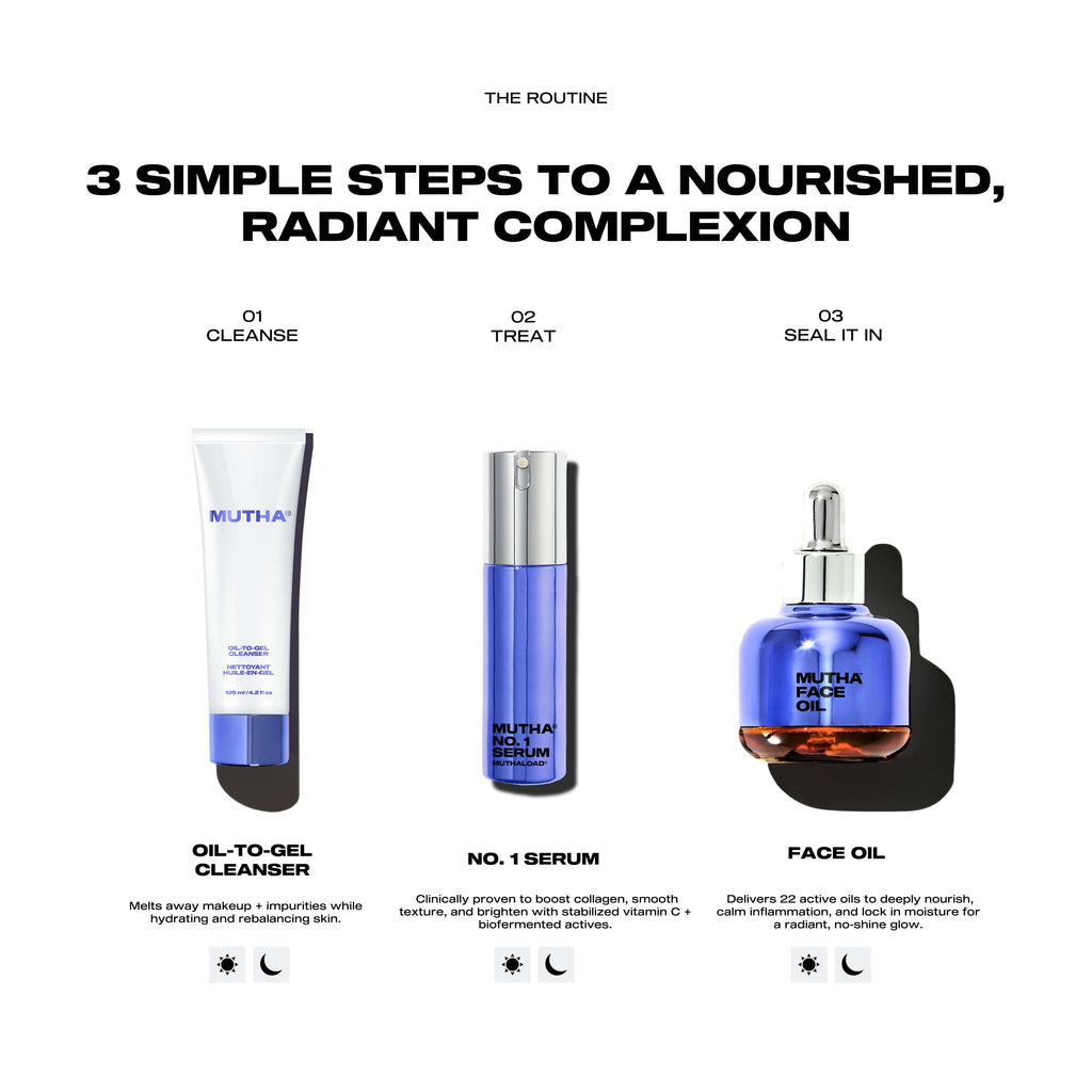 Three skincare products with labels and descriptions on a white background