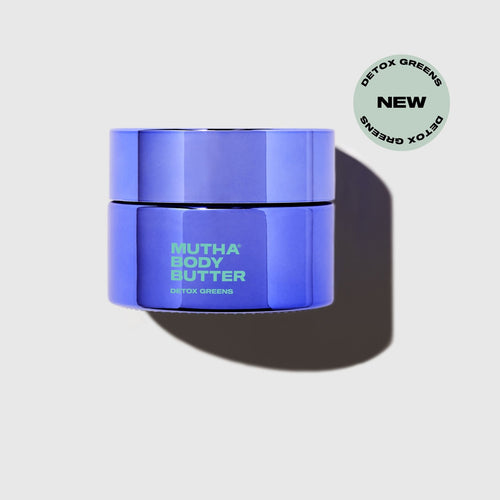 Blue jar of Nutha Body Butter with 'Detox Greens' label on a light gray background