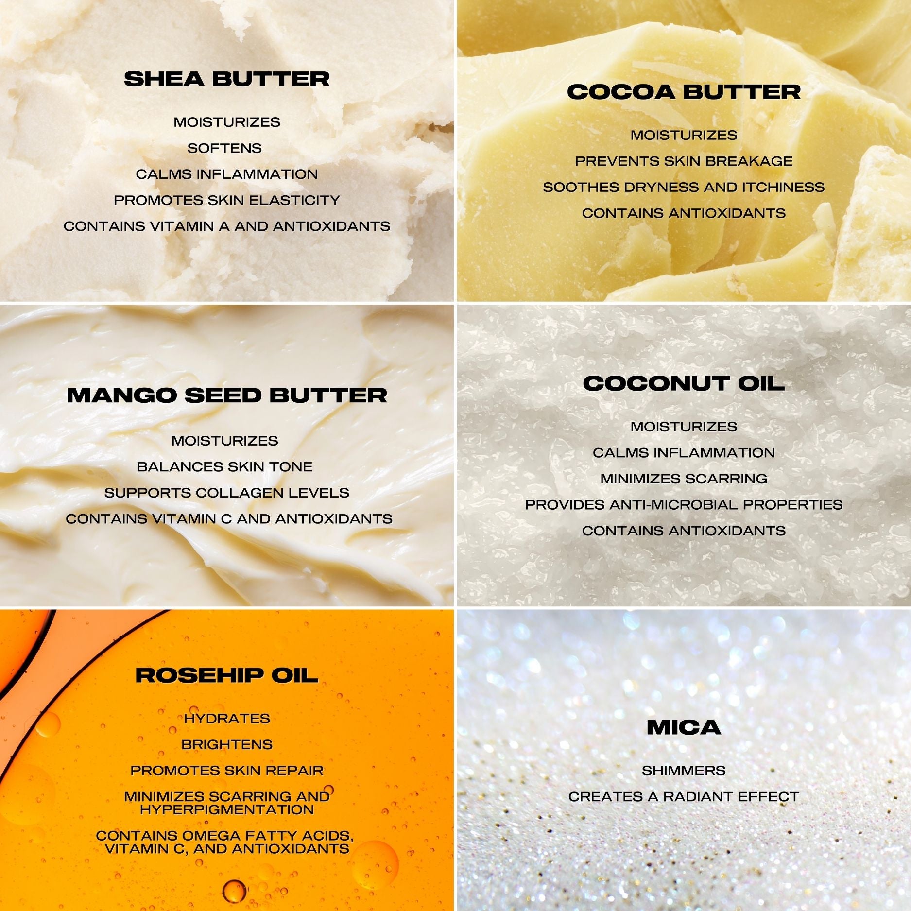 Collage of shea butter, cocoa butter, mango seed butter, coconut oil, rosehip oil, and mica with descriptive text.