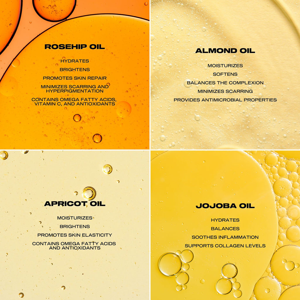 Four types of oils with their benefits on a yellow and orange gradient background. 100ml / 3.4 fl oz 25ml / 0.8 fl oz