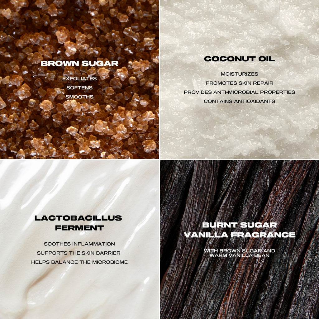Collage of brown sugar, coconut oil, lactobacillus ferment, and burnt sugar with descriptive text.