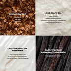 Collage of brown sugar, coconut oil, lactobacillus ferment, and burnt sugar with descriptive text.