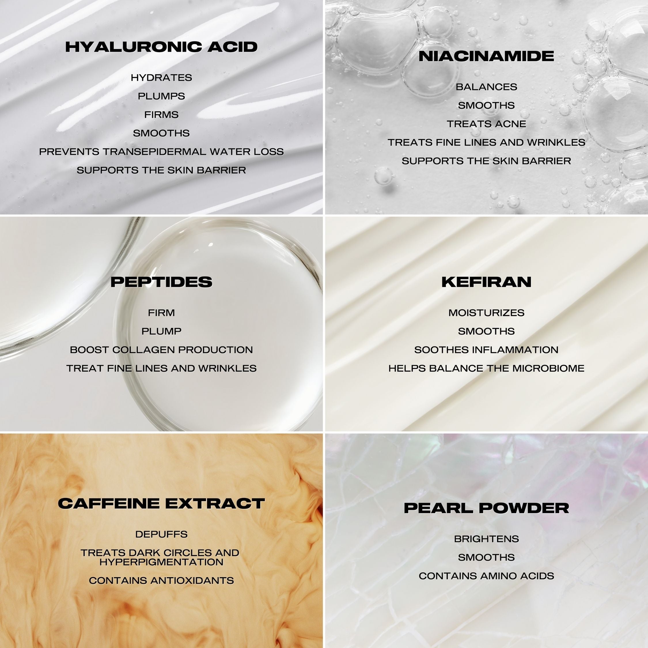 Collage of skincare ingredients with their benefits on a neutral background, 15ml / 0.5 fl oz , 3ml / 0.1 fl oz