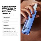 Mutha Body Oil bottle held by a hand with text about product benefits on a white background 100ml / 3.4 fl oz 25ml / 0.8 fl oz