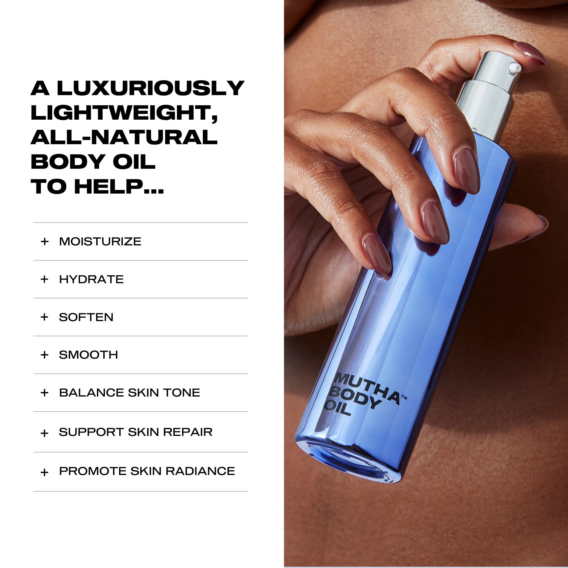 Mutha Body Oil bottle held by a hand with text about product benefits on a white background 100ml / 3.4 fl oz 25ml / 0.8 fl oz