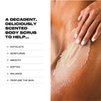 Body scrub application on skin with text about product benefits