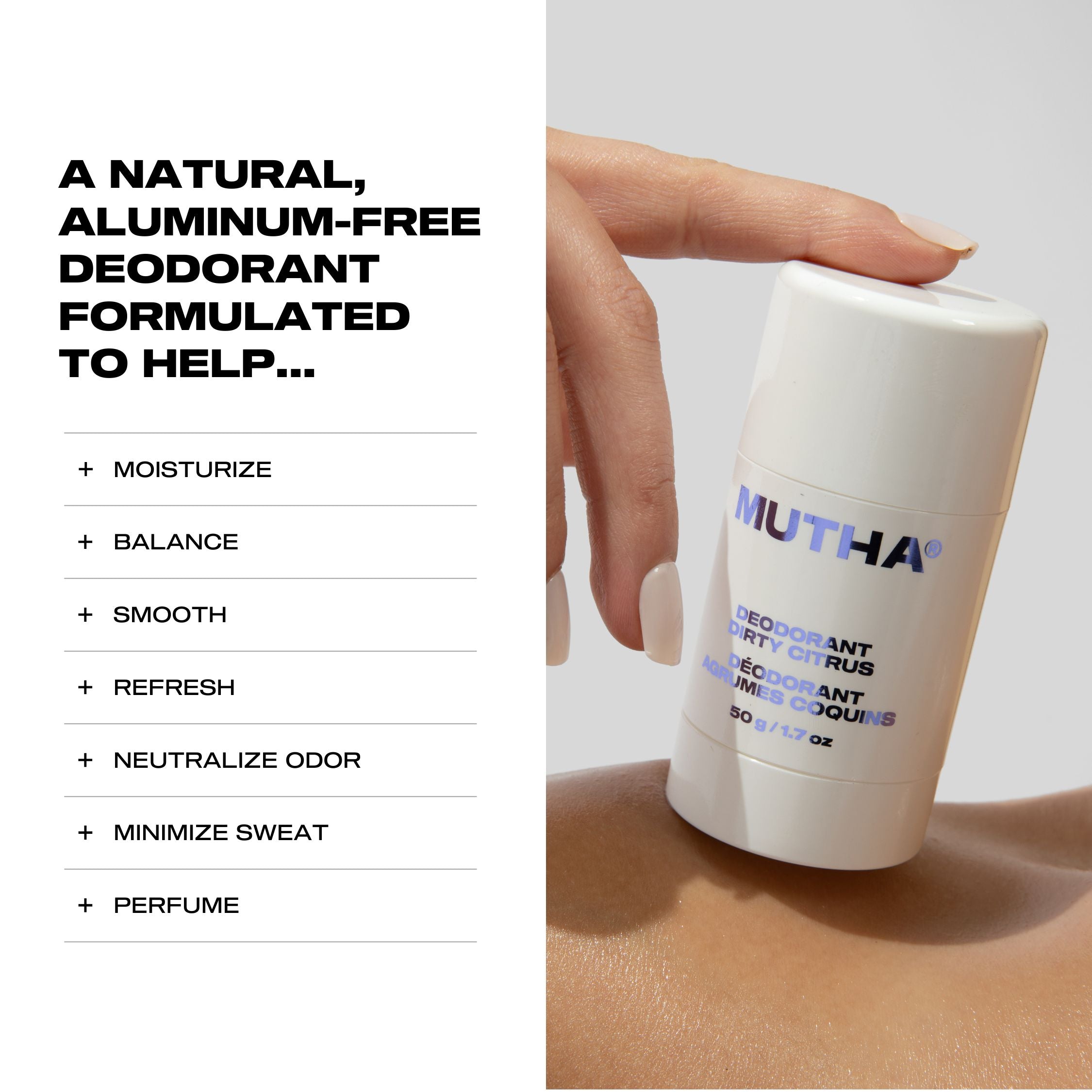 MUTHA deodorant stick with text highlighting its benefits on a white background