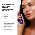 Woman holding a skincare serum with product features listed on a white background, 15ml / 0.5 fl oz , 30ml / 1.0 fl oz