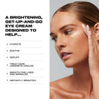 Woman applying eye cream with product benefits listed on a gray , 15ml / 0.5 fl oz , 3ml / 0.1 fl ozbackground