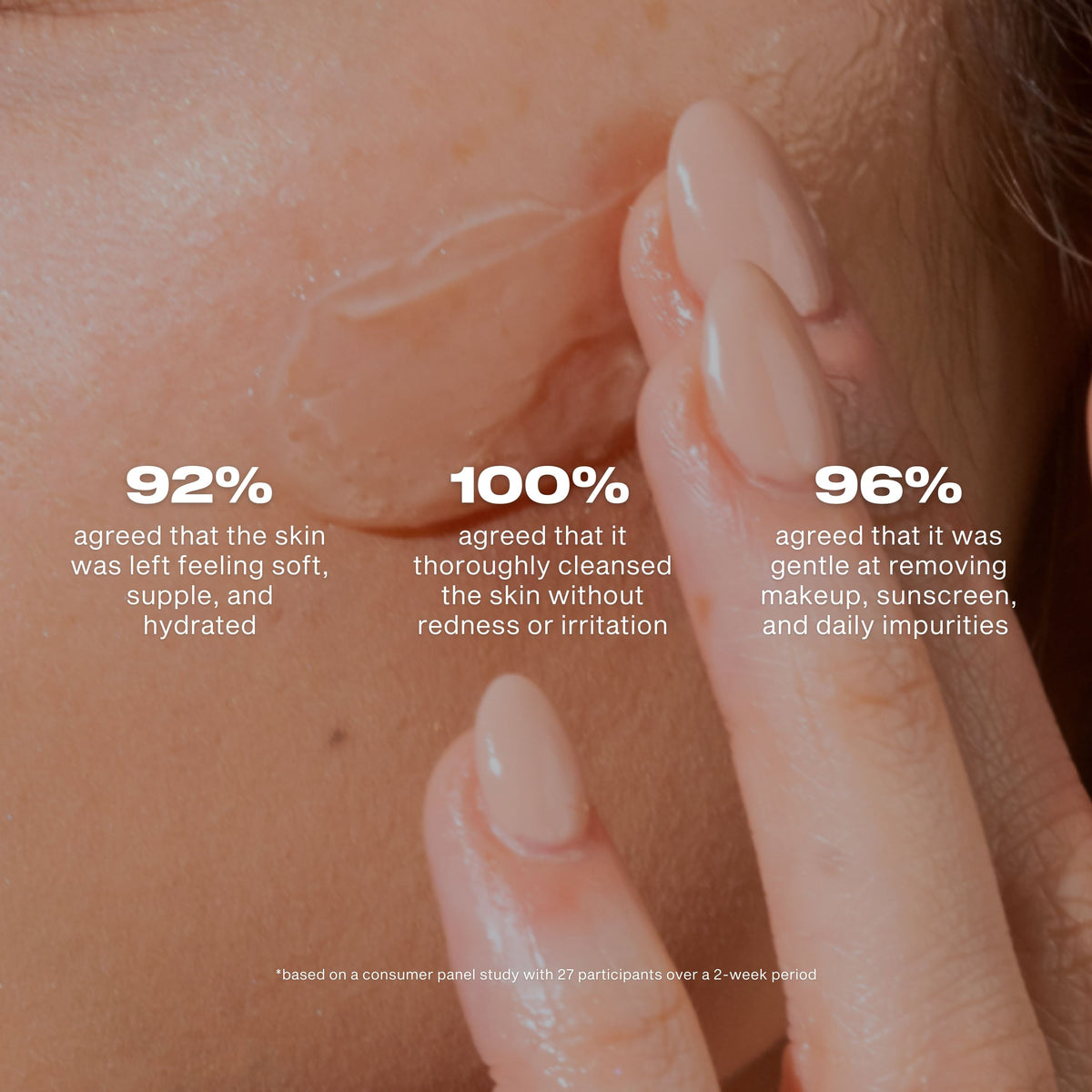 Close-up of a person's face with text indicating skin care product effectiveness