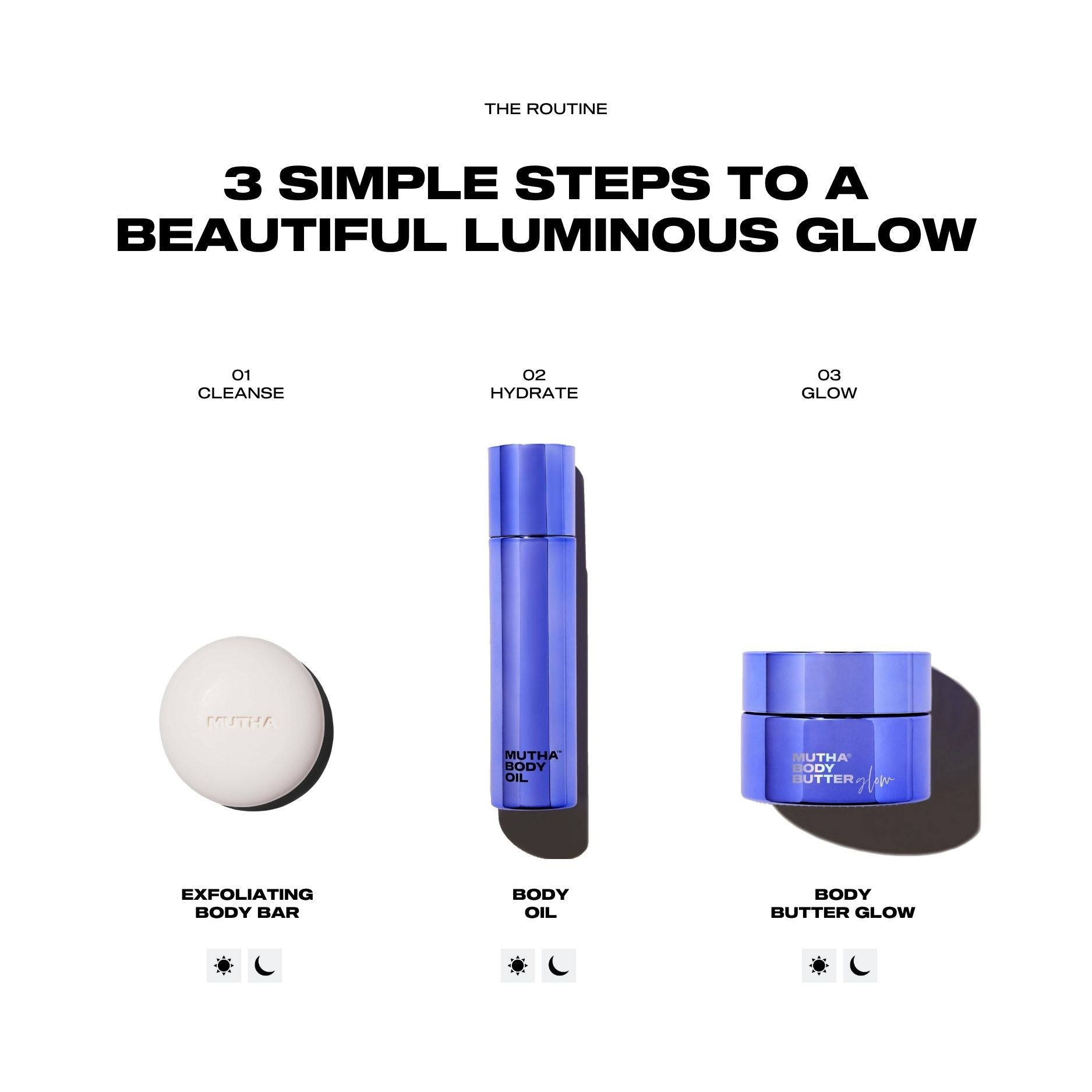 Three skincare products with labels for a beauty routine on a white background