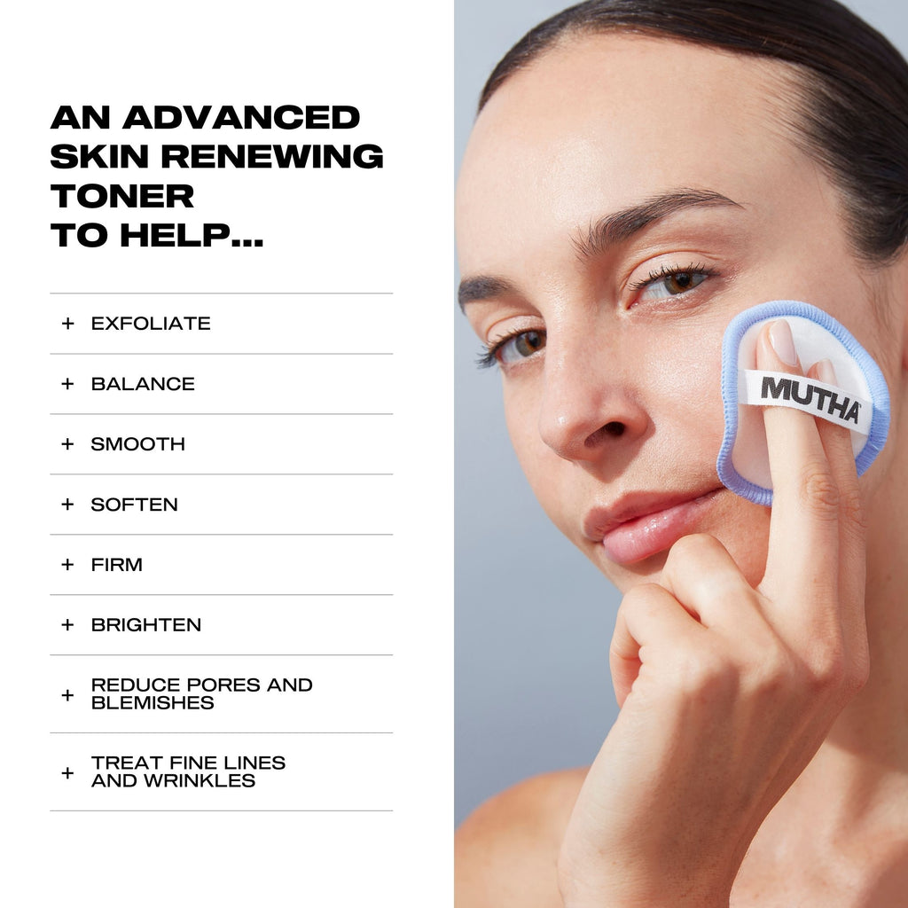 Woman using a skincare product with text about an advanced skin renewing toner.