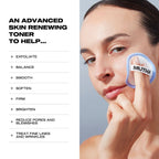 Woman using a skincare product with text about an advanced skin renewing toner.
