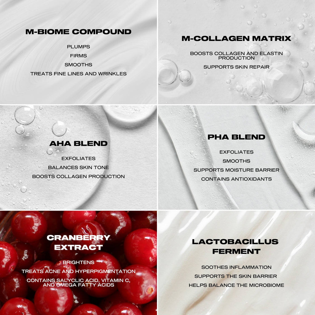 Collagen and skincare ingredients with text labels on a white background