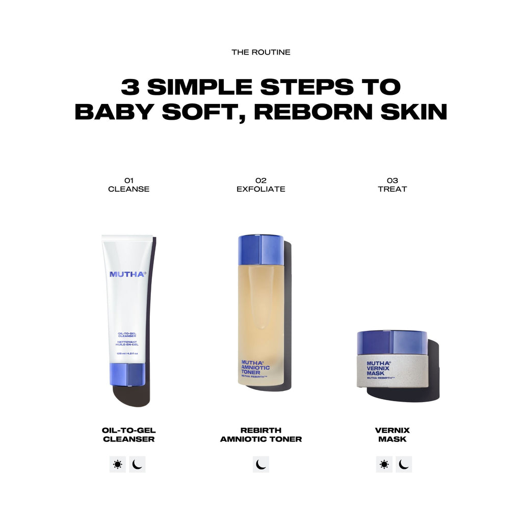 Three skincare products with labels and text on a white background