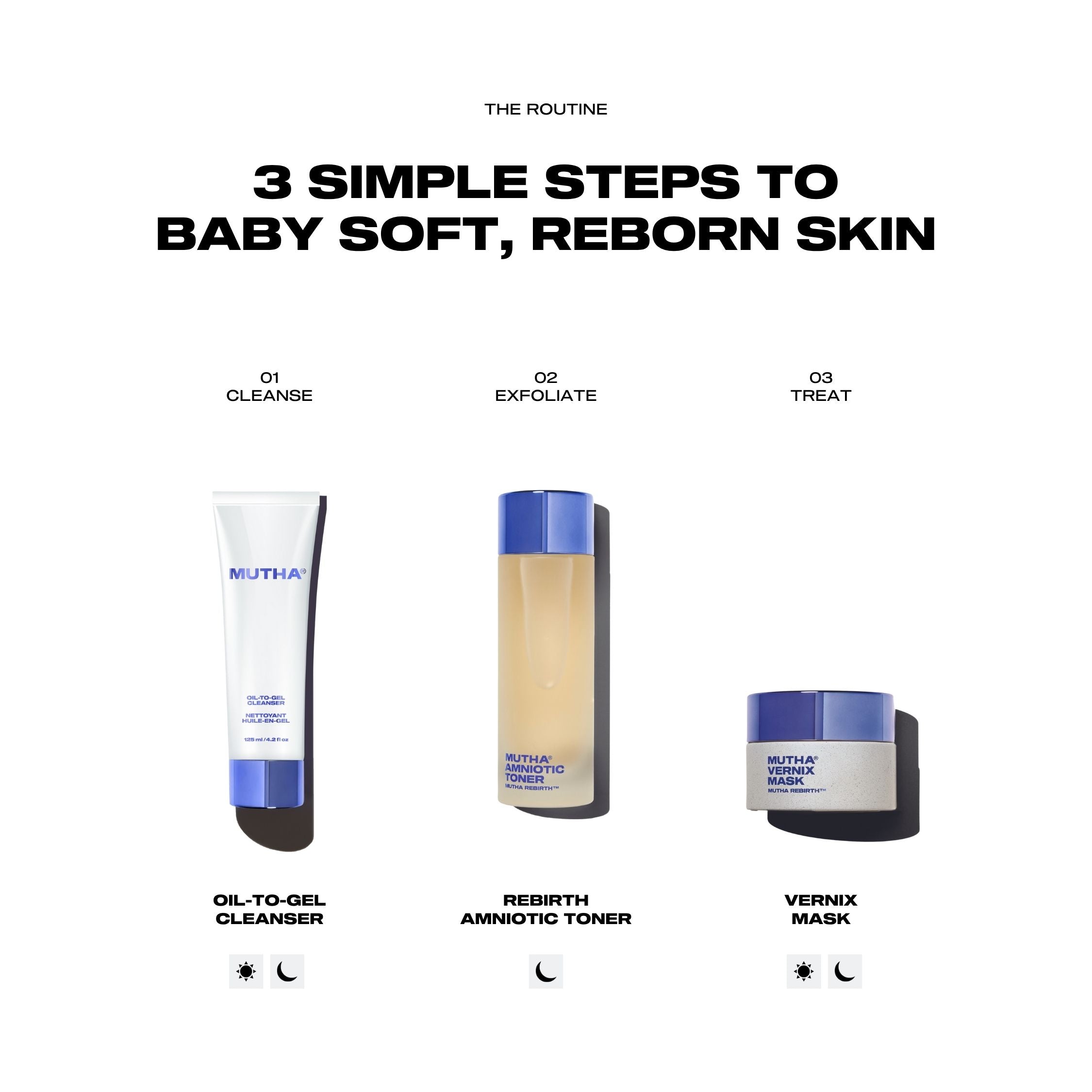 Three skincare products with labels and text on a white background