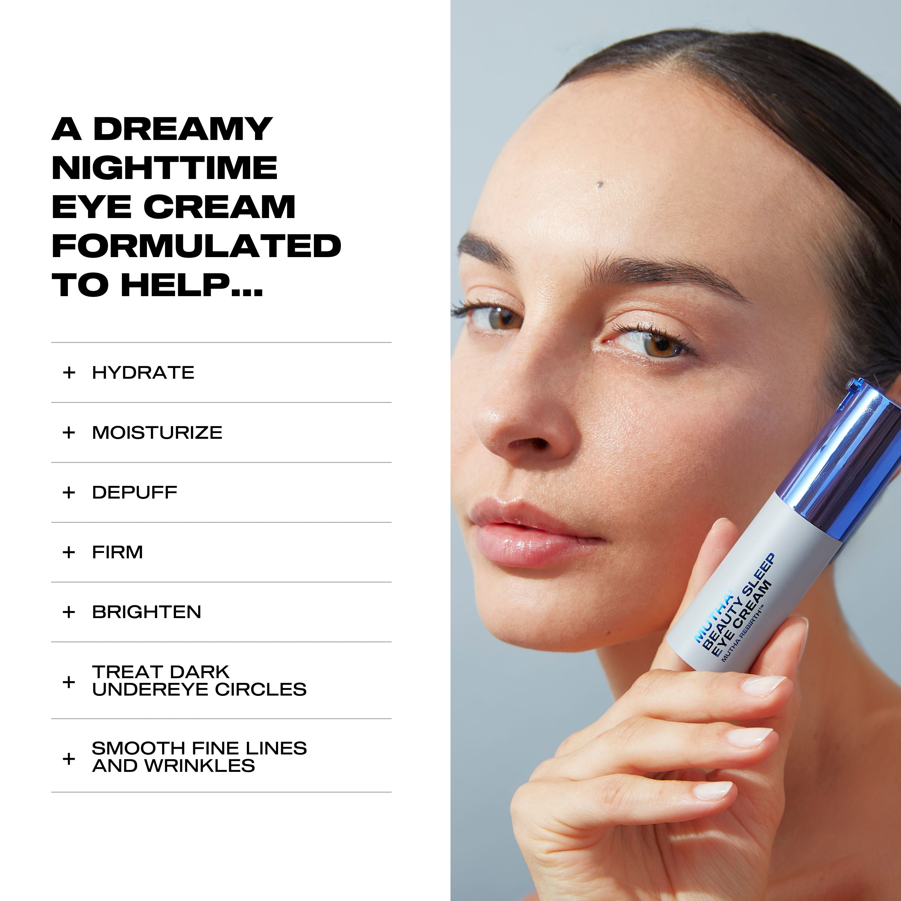 infographic with model holding bottle of eye cream and text showing benefits of the product