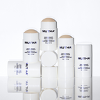 Dynamic image of five MUTHA Deodorants stacked on one another and their caps into a pyramid