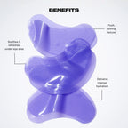 Purple eye gel patch with text highlighting benefits on a white background