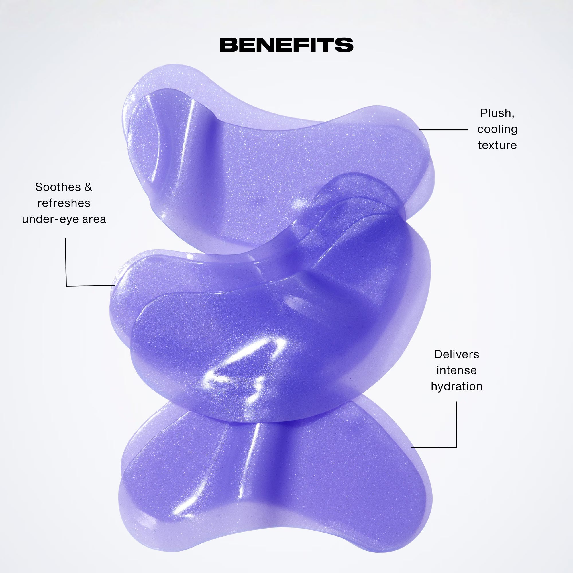 Purple eye gel patch with text highlighting benefits on a white background