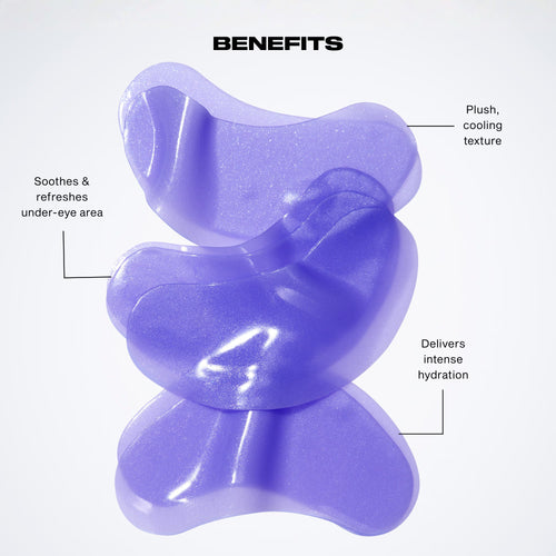 Purple eye gel patch with text highlighting benefits on a white background