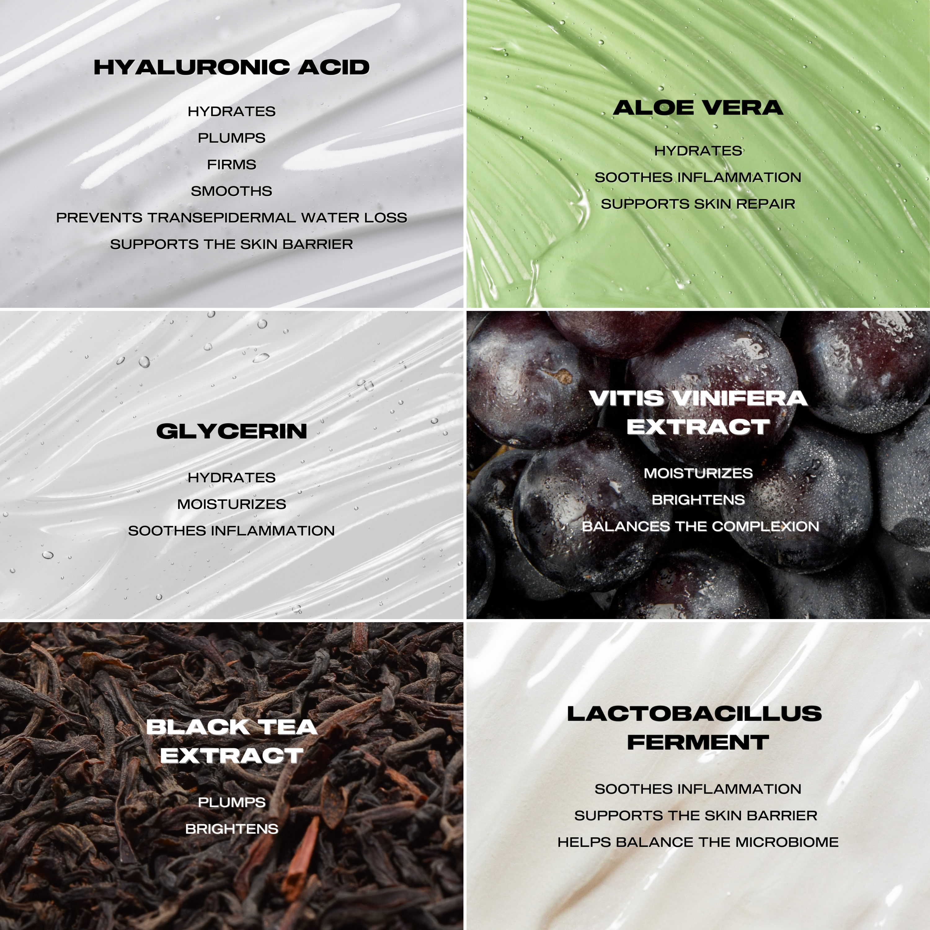 Ingredient and benefits infographic for the Hyaluronic Serum with information about hyaluronic acid, aloe vera, glycerin, vitis vinifera extract, black tea extract, and lactobacillus ferment