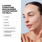 Infographic benefits image with a list of product benefits for the Hyaluronic Serum next to an image of a model with a swipe of product on the face