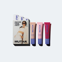MUTHA Pucker Up Lip Plump trio set featuring a white box with a model photo and three squeeze tubes in beige, pink, and red with blue caps, arranged on a light gray background.