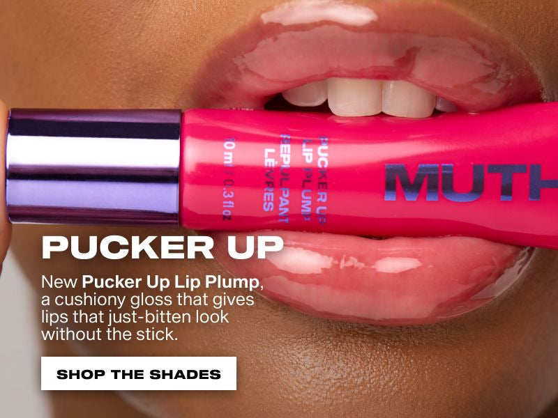 MUTHA Pucker Up Lip Plump displayed against glossy lips in a promotional image showcasing the lip gloss collection.