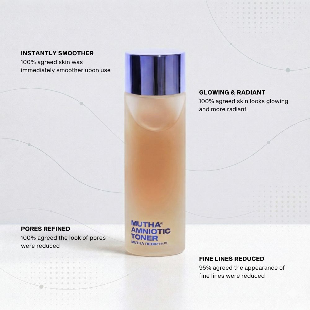 Mutha Amniotic Toner bottle with text highlighting skin benefits on a white background