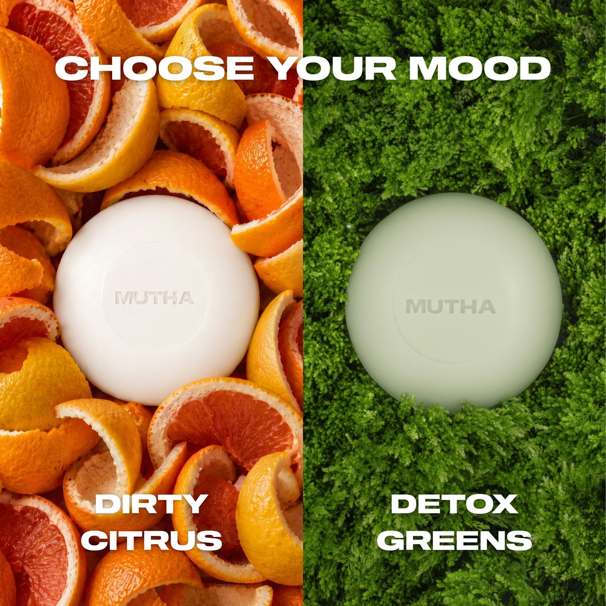 Choose your mood: the white Dirty Citrus bar on a bed of citrus peels beside the green Detox Greens bar on moss