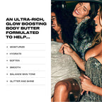 MUTHA Body Butter Glow with lifestyle image highlighting moisturize, hydrate, soften, smooth, balance skin tone, and add glitter and shine benefits.