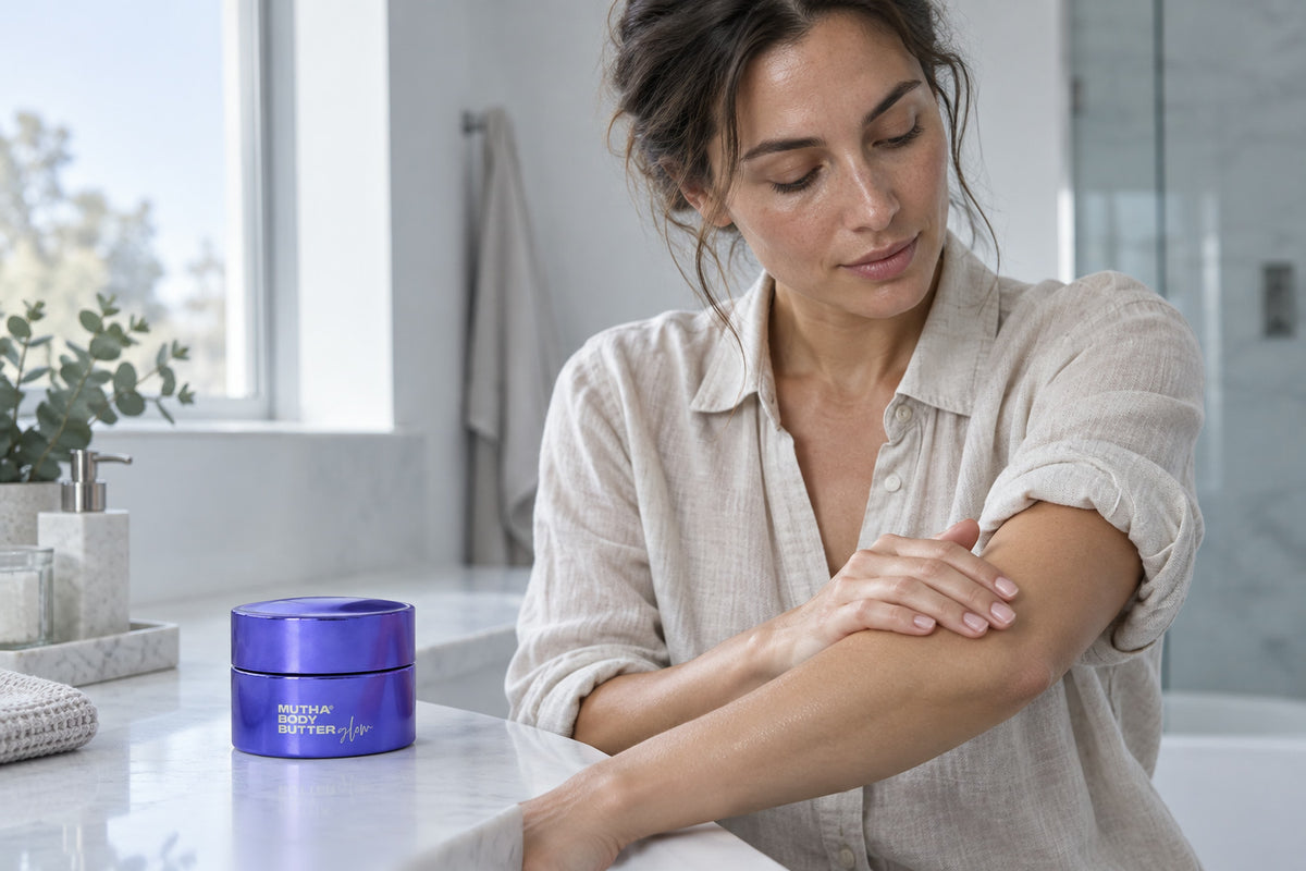 MUTHA three-step routine: Exfoliating Body Bar, Body Oil, Body Butter Glow.