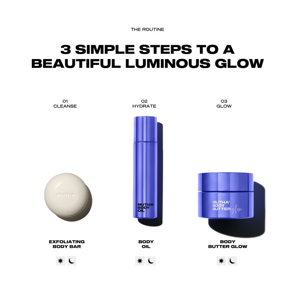 MUTHA Body Butter Glow featured in a three-step body care routine with Exfoliating Body Bar and Body Oil.