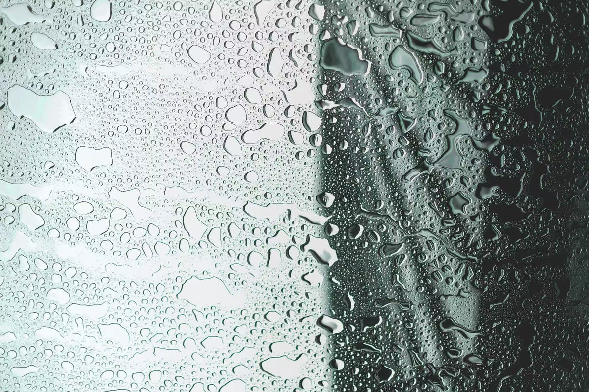 Condensation droplets on shower glass.