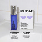 The Hyaluronic Serum and Eye Mask Prisms on a bathroom counter: the serum floods skin with multi-weight hyaluronic acid for visible plumpness, the prisms use six peptides to depuff and brighten in 20 minutes