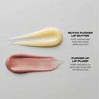 Texture swatches of both products: the Pucker Lip Butter, a soft cushiony satin finish with a sweet vanilla mint scent, above the Pucker Up Lip Plump, a high-shine gloss in a warm nude-brown with soft almond notes